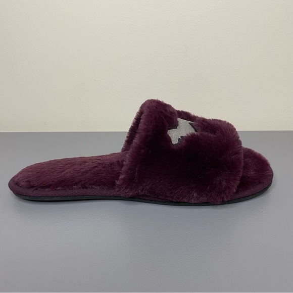 Pink Victorias Secret Slippers Purple Fuzzy Slides Silver Dog Logo Medium SZ 7-8 - Picture 8 of 9